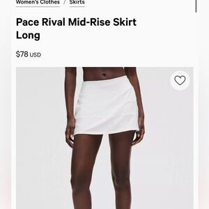 Women's Lululemon Pace Rival White Skirt Long size 4